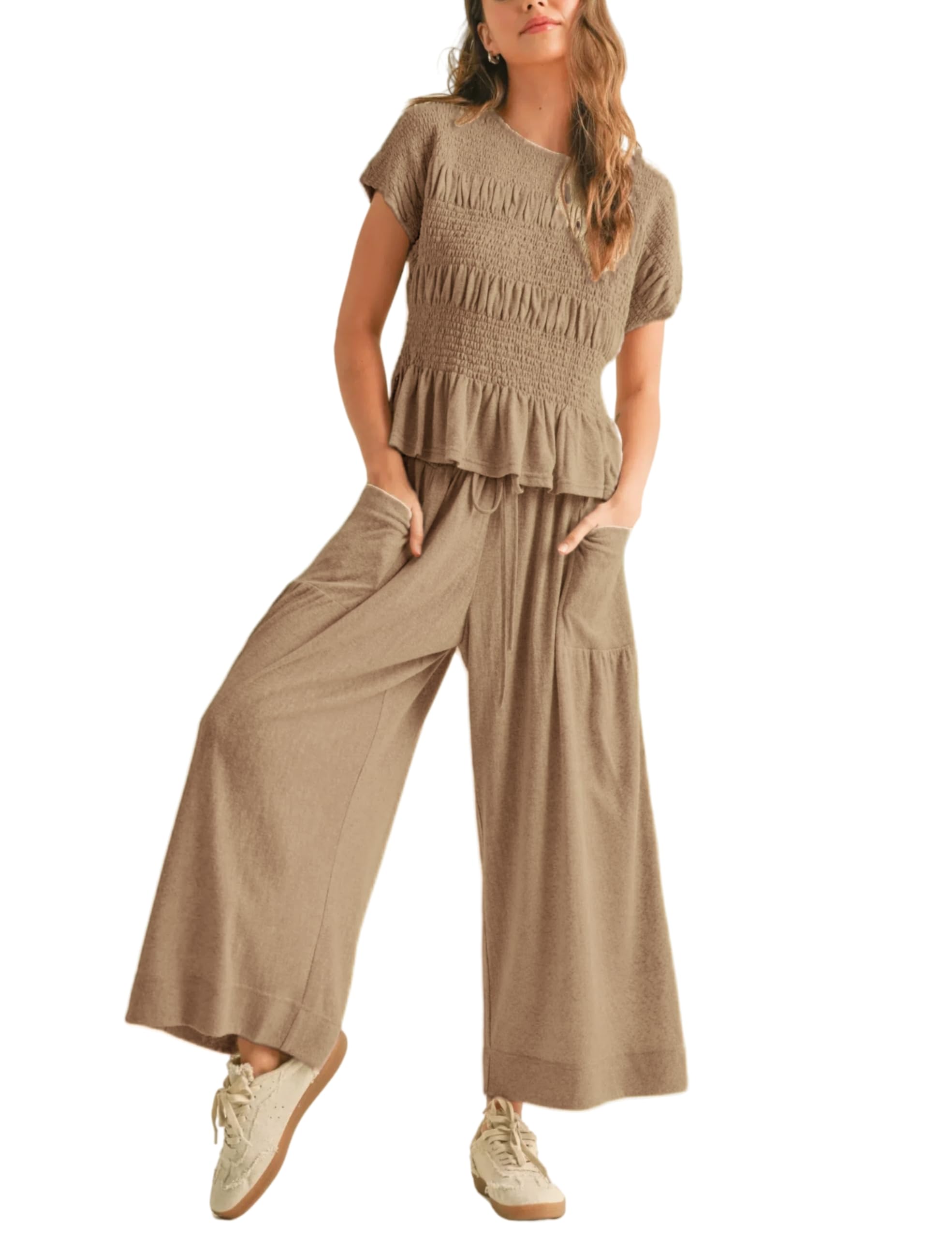 Antnation Womens 2 Piece Smocked Top Wide-Leg Pants Set High-Waisted Lounge Outfit with Pockets Casual Boho Matching Set