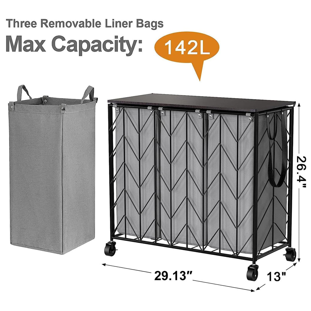 WOWLIVE Laundry Basket with Wheels, Heavy Duty Laundry Hamper with Wood Lid, Clothes Hamper with Divided Removable Liner Bag, Large Capacity Iron-Made Laundry Sorter Laundry Room Organization (Beige)