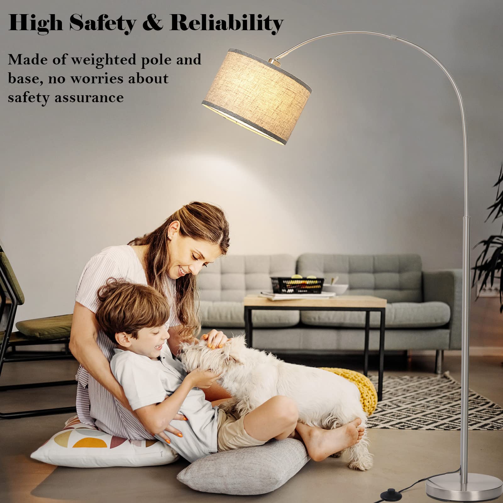 Rattan Floor Lamp, Arc Floor Lamps for Living Room, Farmhouse Standing Lamp with Adjustable Hanging Fabric Shade, Tall Pole Lamp with Foot Switch, Over Couch Arched Reading Light for Bedroom, Office