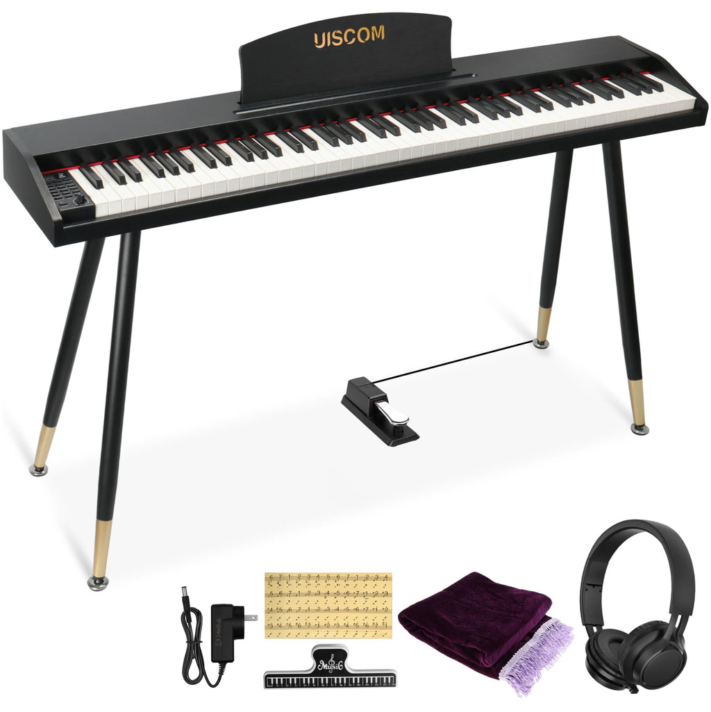 UISCOM Digital Piano Keyboard for Beginners, Full Size 88 Key Semi-Weighted Keyboard Electric Piano with Stand,Power Adapter,Sheet Music Stand,Pedal,Headphone,USB-MIDI Compatible,Wood Grain Apricot