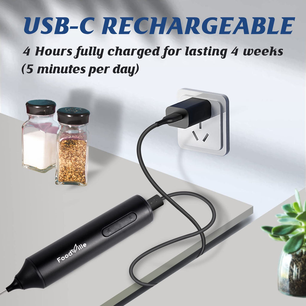 FoodVille MF05 Rechargeable Milk Frother USB Charging Handheld Foam Maker with Stainless Balloon Whisk for Cappuccino, Latte, Bulletproof Coffee, Keto Diet, Protein Powder, Matcha (Black)
