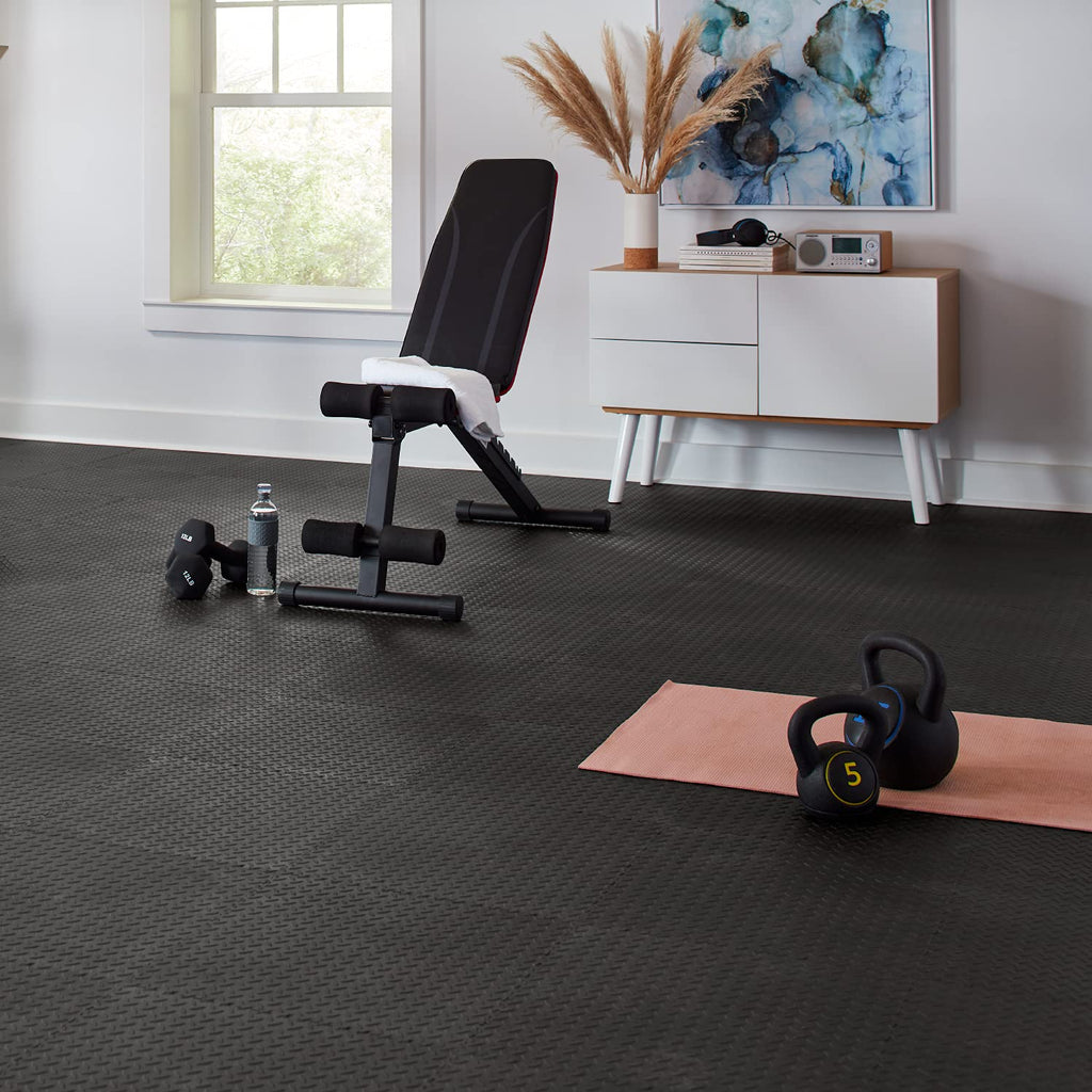 VersaTex Garage Floor 18 x 18 inch Square Rubber Diamond Plate Interlocking Floor Tiles for Home Gym, Garage Flooring, Trade Show Flooring, Basement Tiles, 24 Pack (Black)