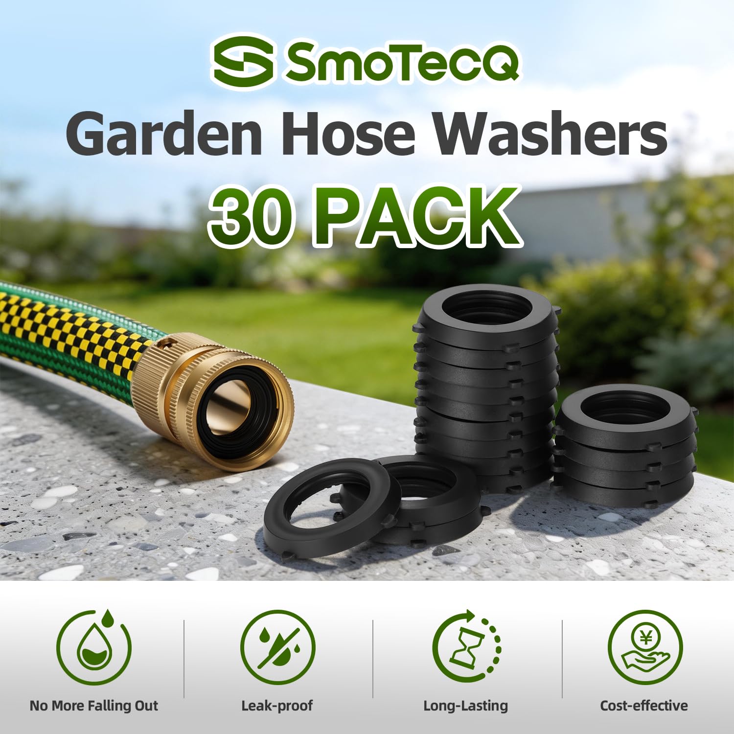 SmoTecQ 30 Pack Garden Hose Washers with Self-Locking Tabs - Heavy Duty Rubber Seals for 3/4" Hose Fittings, Stay-in-Place Design Prevents Falling Out & Leaks, Black