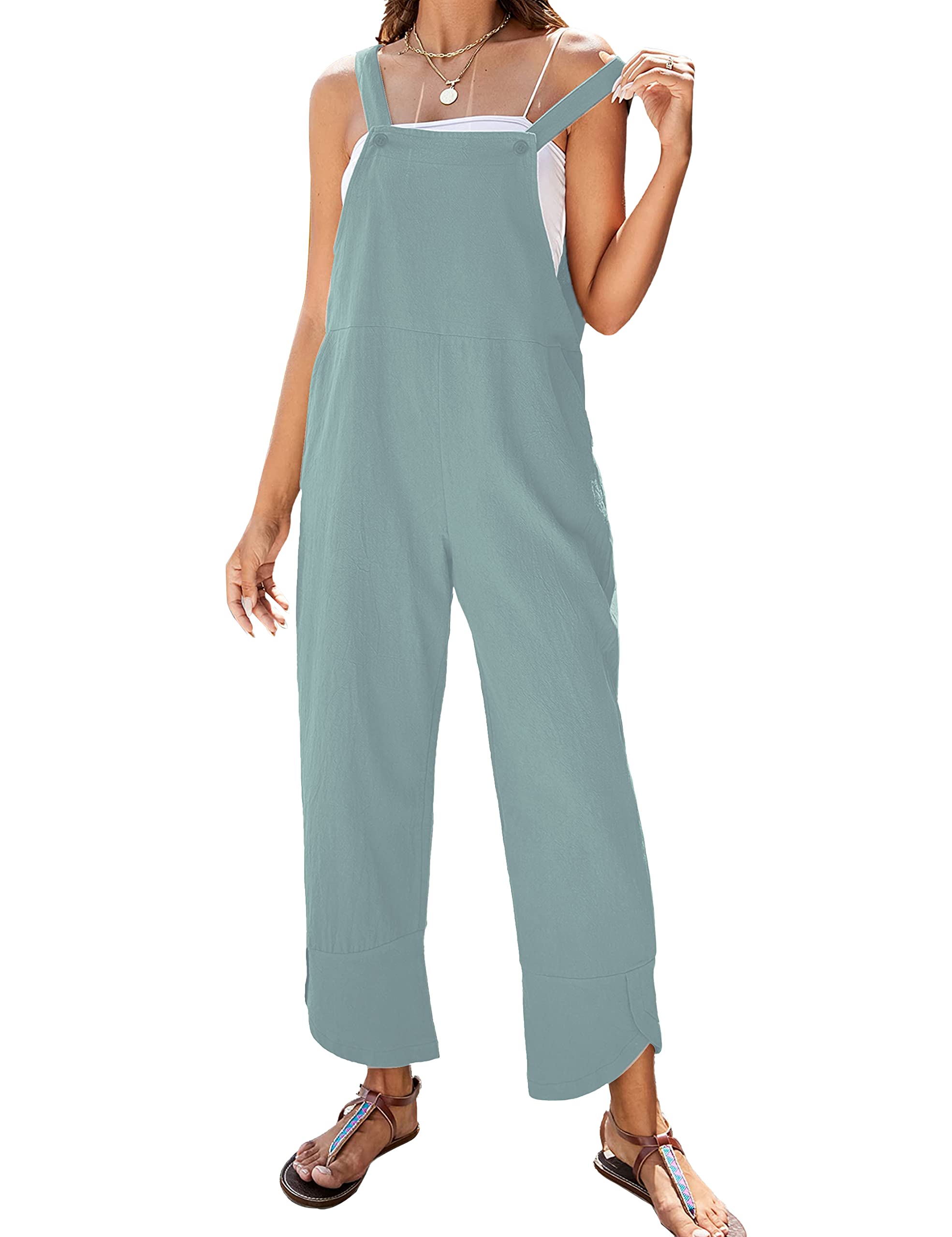 APAFES Women Summer Sleeveless Cotton Linen Bib Overalls Tulip Baggy Capri Jumpsuits with Pockets