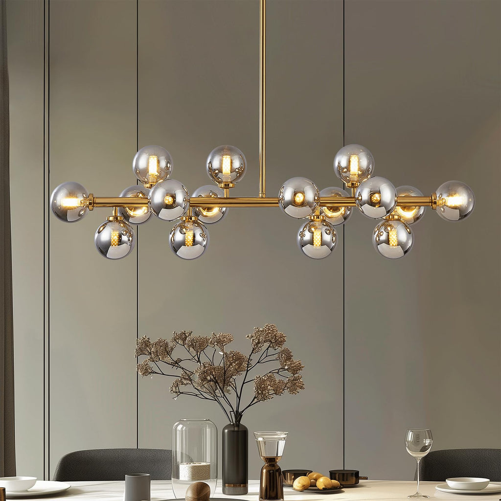 Modern Linear Chandeliers for Dining Room, 8-Light Globe Sputnik Pendant Ceiling Light, Black Dining Room Light Fixture Over Table, Mid Century Glass Milk White Bubble, 31.5 Inch, GC-09