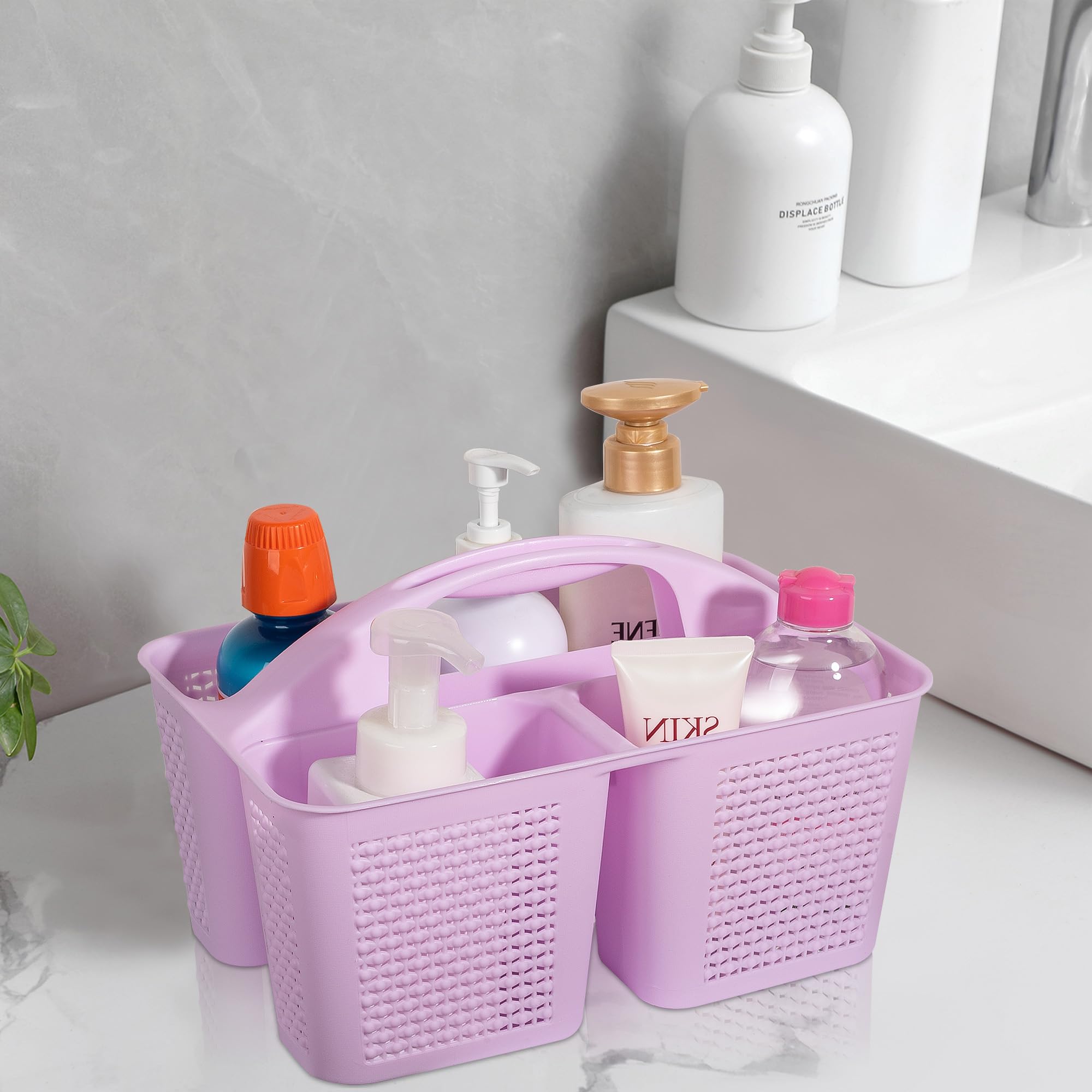 UUJOLY Plastic Portable Shower Caddy Basket Bucket, Cleaning Shower Basket with Handle Compartments Storage Basket Organizer for Bathroom Kitchen College Dorm Sink, Beige