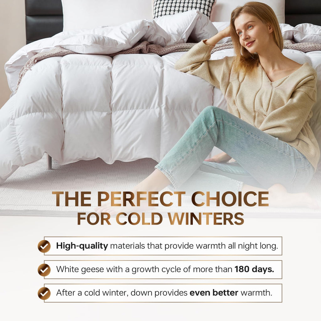 C&W Twin/Twin XL Down Comforter All Season, 750 Fill Power, Duvet Insert, 30oz Fill Weight, 100% Cotton Shell, Noiseless, Breathable, Lightweight, Machine Washable, Baffle Box, White (68"x90")