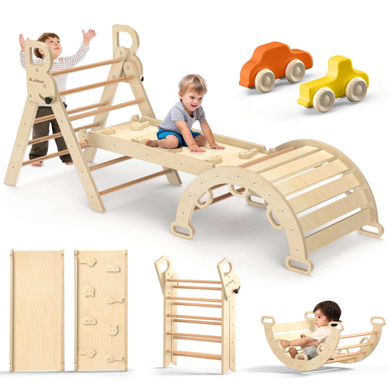 BlueWood Pikler Triangle Set with Safe Handle, Foldable 7-in-1 Montessori Toddler Climbing Toys Indoor, Wooden Pickler Climbing Set, Baby Jungle Gym & Playground, Climbing Toys for 1-3 Year, Colorful
