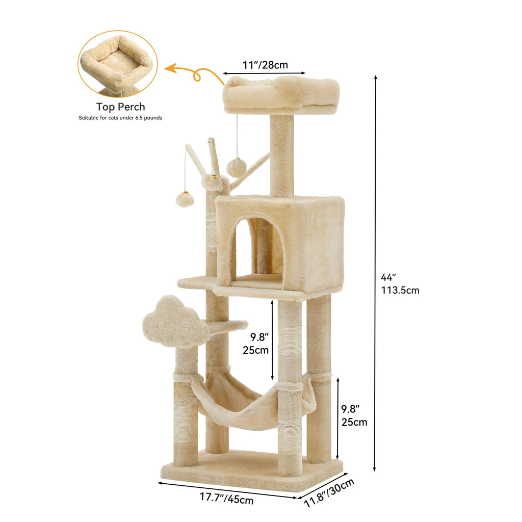 YITAHOME 44in Multi-Level Cat Tree for Indoor Kittens, Cat Furniture with Scratch Posts, Window Padded Plush Perch, Comfortable Hammock, and Interactive Pompoms, Beige