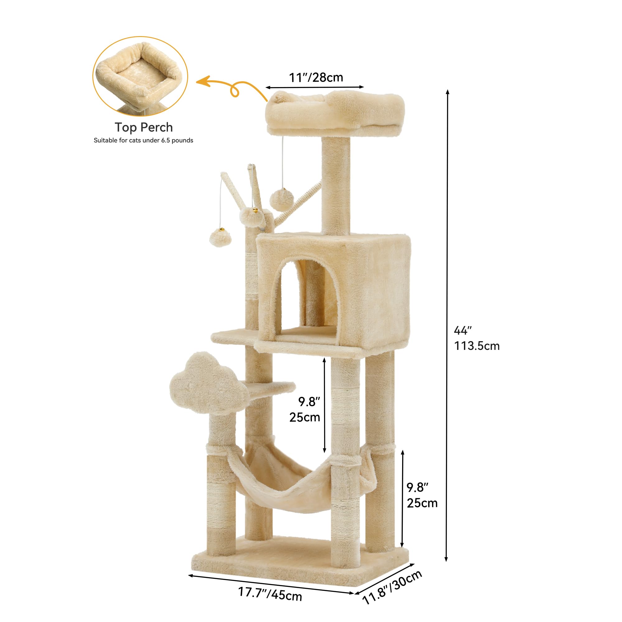 YITAHOME 44in Multi-Level Cat Tree for Indoor Kittens, Cat Furniture with Scratch Posts, Window Padded Plush Perch, Comfortable Hammock, and Interactive Pompoms, Beige