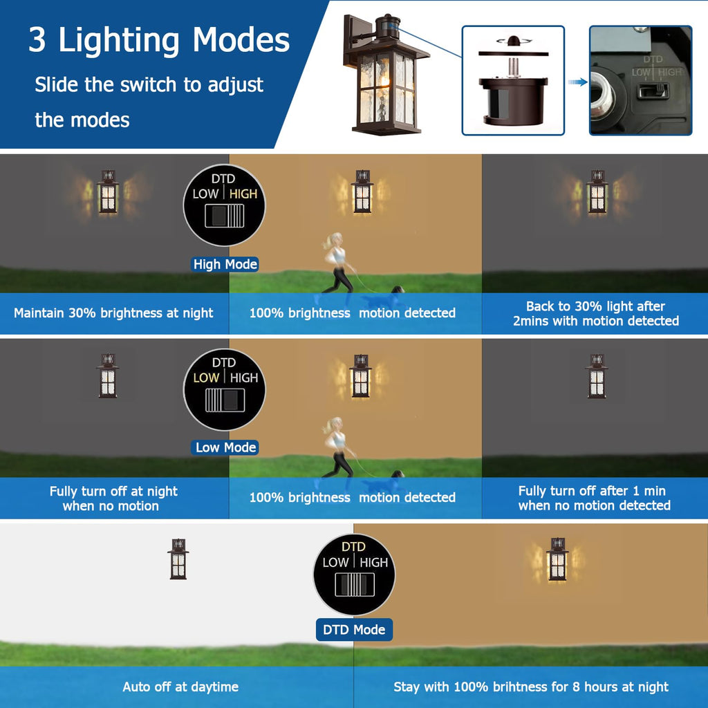 FLEDAVID Motion Sensor Outdoor Wall Light Fixtures Dusk to Dawn Exterior Porch Lantern White Outside Sconce Lighting Rustic Wall Mount Lamp with Water Ripple Glass for House Garage Patio Entryway