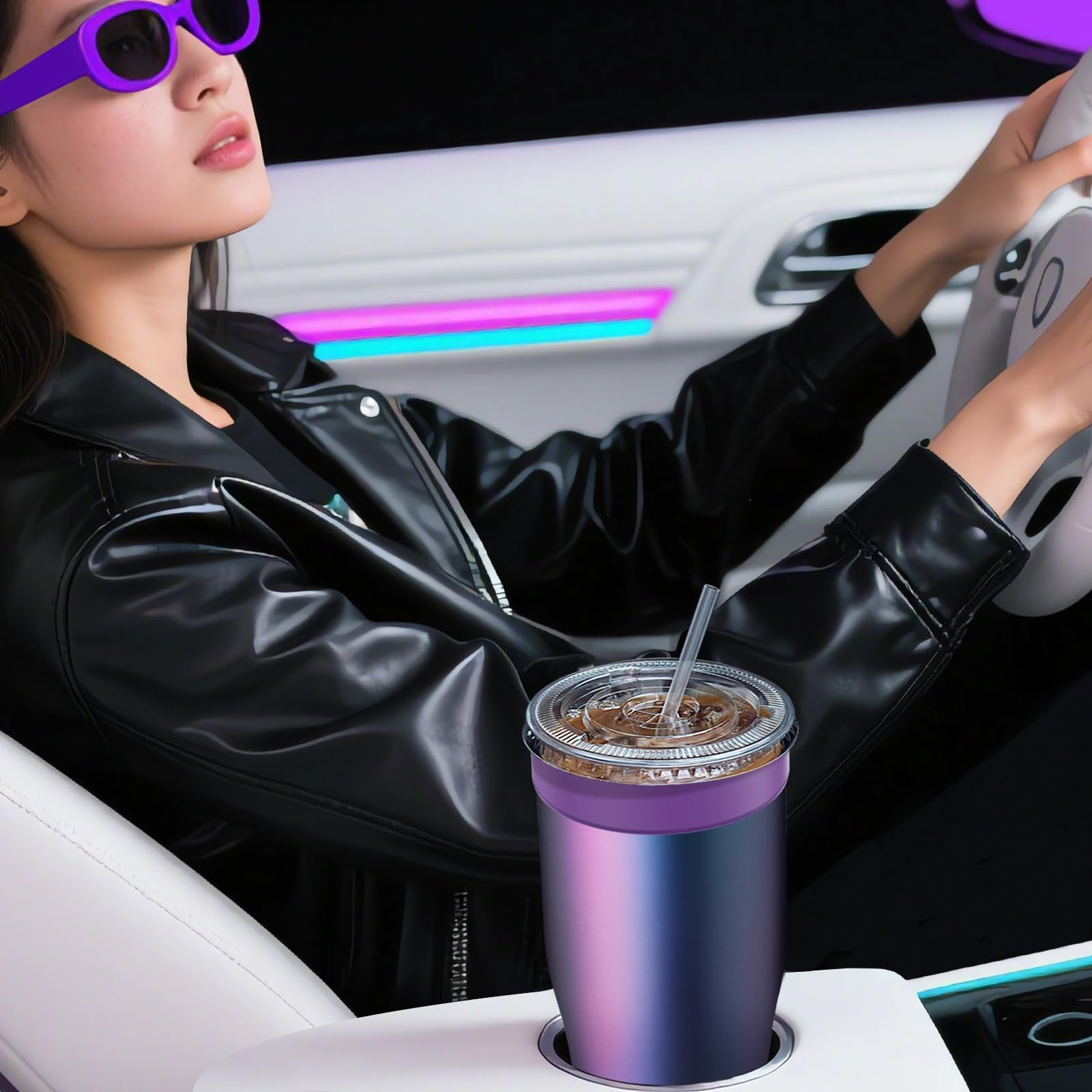 Universal Iced Coffee Sleeve - Upgraded Double Wall Reusable Stainless Steel Holder Sleeves Insulator for Cold Drinks Fits Starbucks Dunkin Donuts McDonalds Small Medium Large Cup (Aurora)