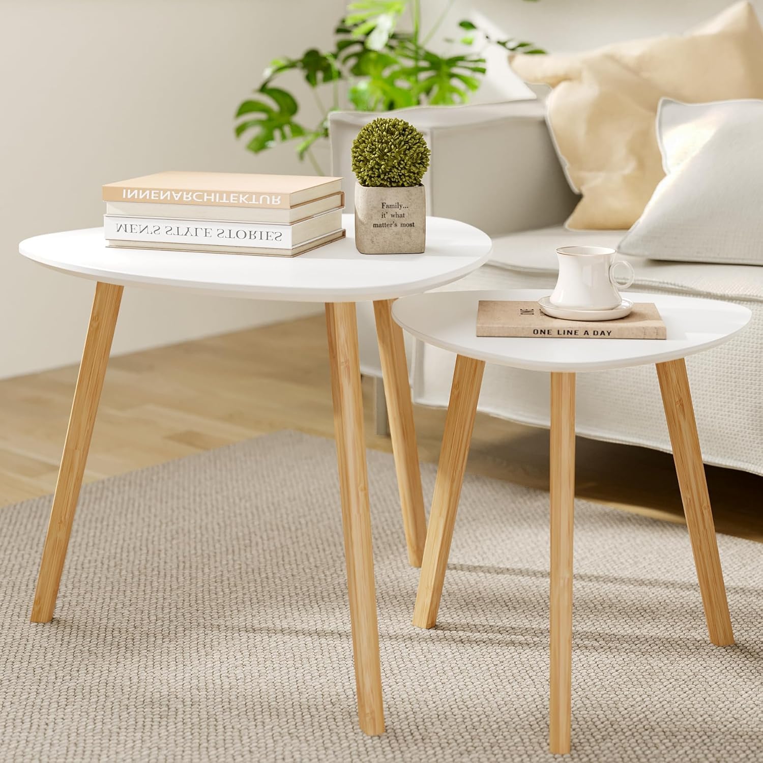 BAMEOS Monstera Leaf Nesting Tables Set of 2, Small Side Tables f Set with Leaf Vein Pattern, Modern Wooden CoffeeTables for Living Room Bedroom Apartment Balcony Yard