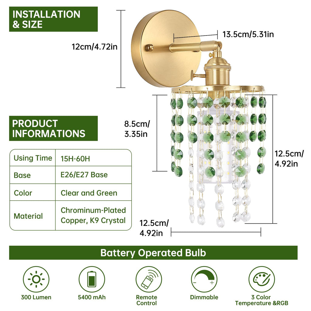Shenmoyl Set of 2 Crystal Battery Operated Wall Sconce, Rechargeable Battery Powered Wall Lamp with Remote Control, Modern Dimmable Wall Lights for Bedroom Bathroom(Green, Gold Base)