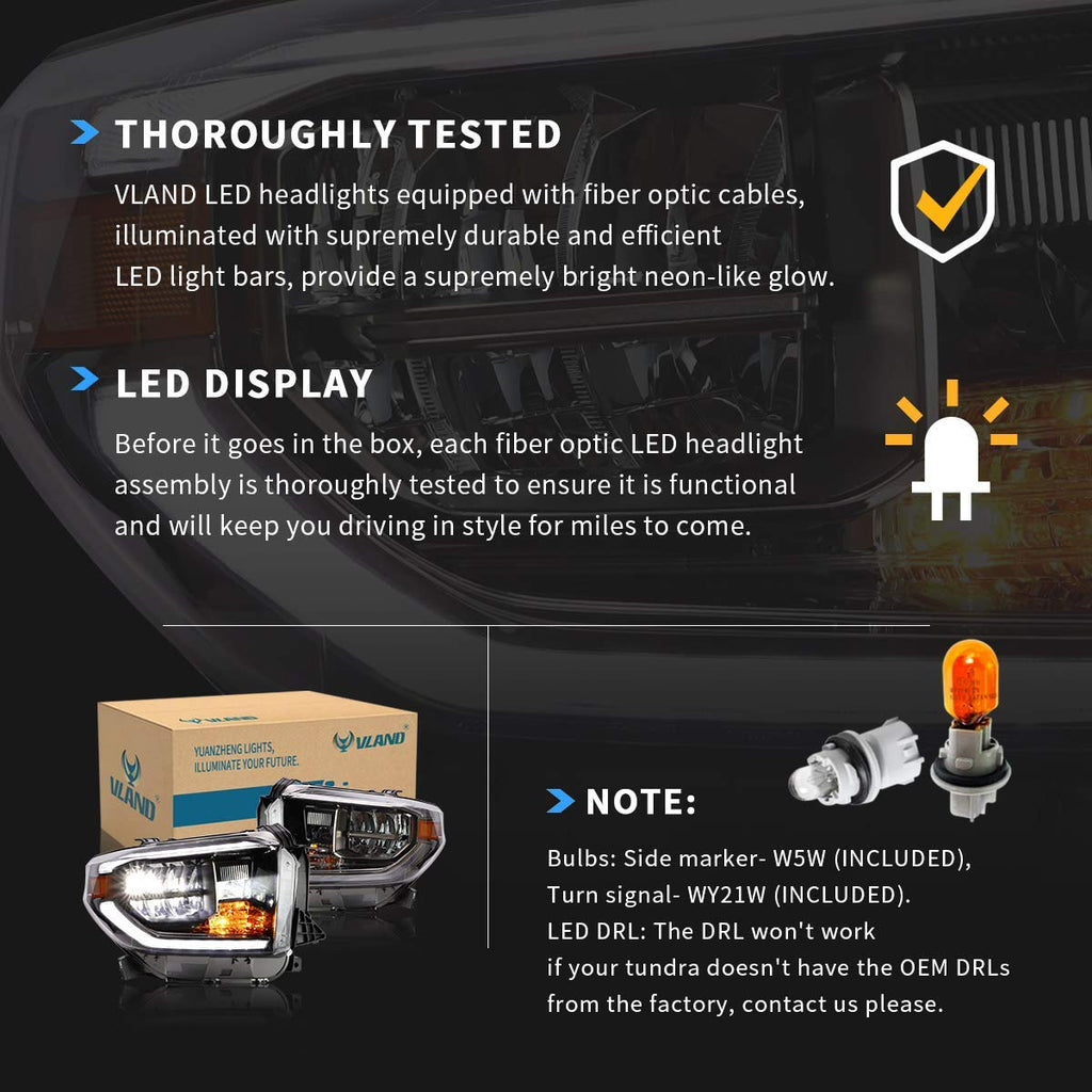 VLAND LED Headlights Compatible with Toyota Tundra 2007-2013/ Sequoia 2008-2021 w/Sequential Turn Signal, w/Diamond White DRL w/LED Reflection bowl Amber Reflector Black Trim Panel