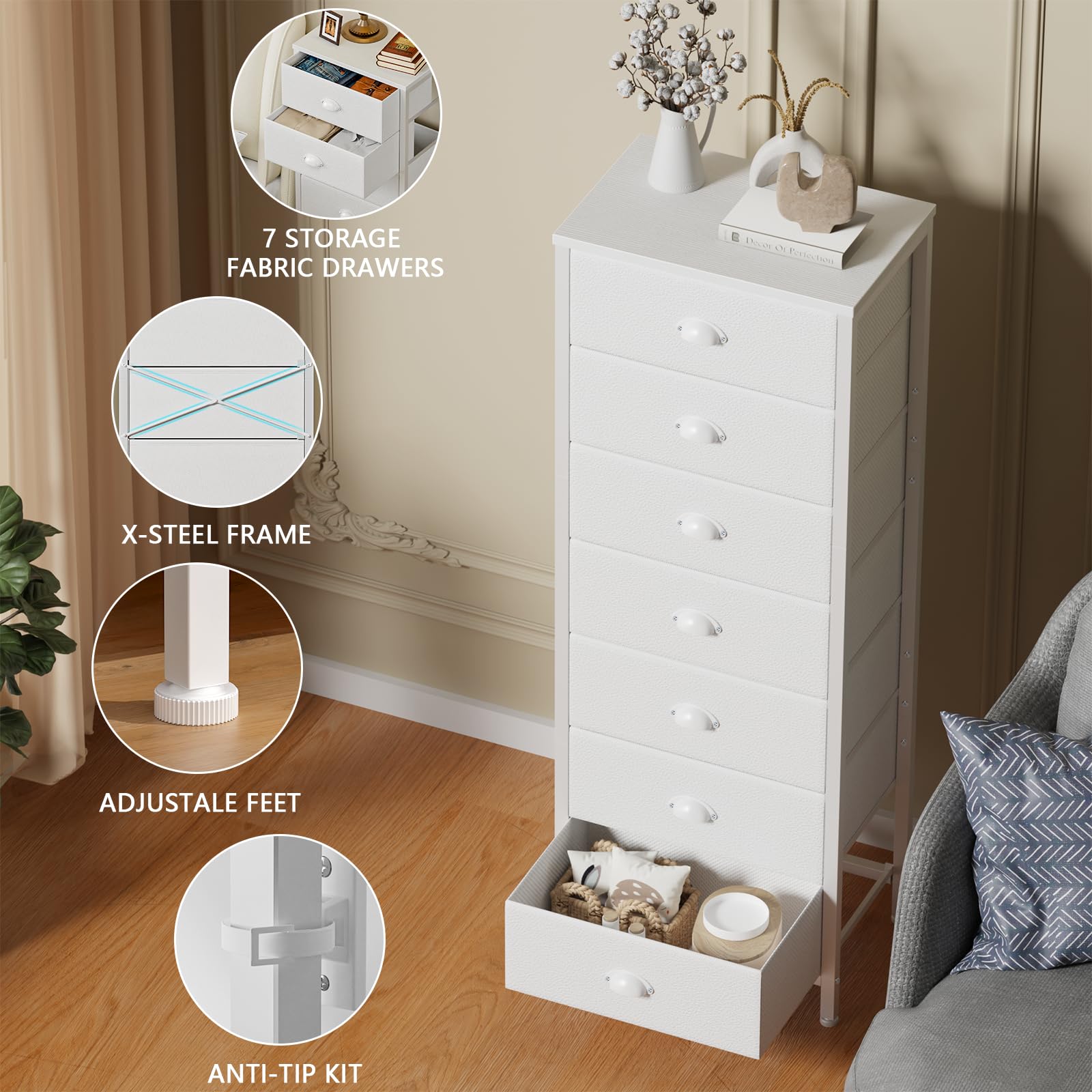 Furnulem Tall Dresser with 6 Drawers,Vertical Bedside End Table & Chest for Bedroom,Black Storage Tower Dorm Nightstand with Fabric Drawer Organizer Unit Furniture in Living Room,Closet,Hallyway