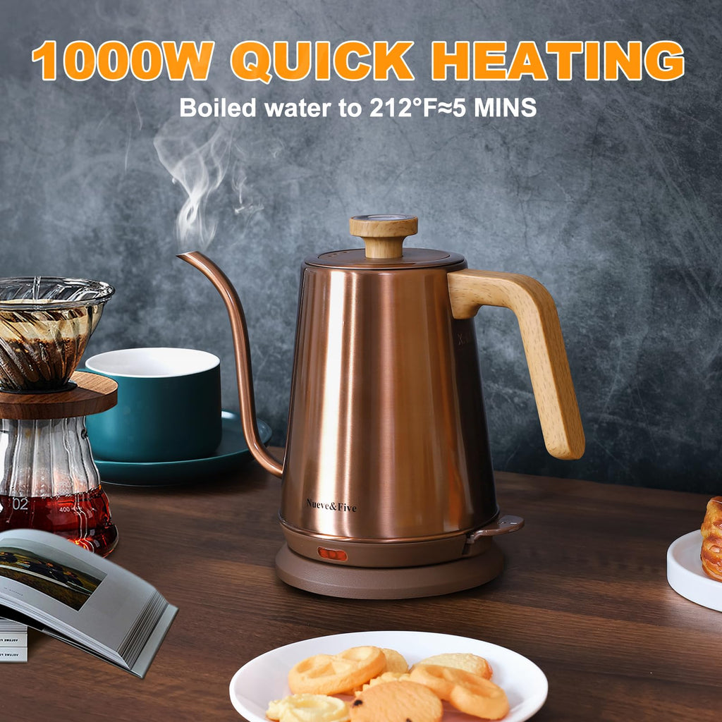 Nueve&Five Gooseneck Electric Kettle with Thermometer， Black Electric Kettle 1L with Auto Shut-Off，1000W Hot Water Kettle of Stainless Steel， Pour Over Kettle for Coffee & Tea