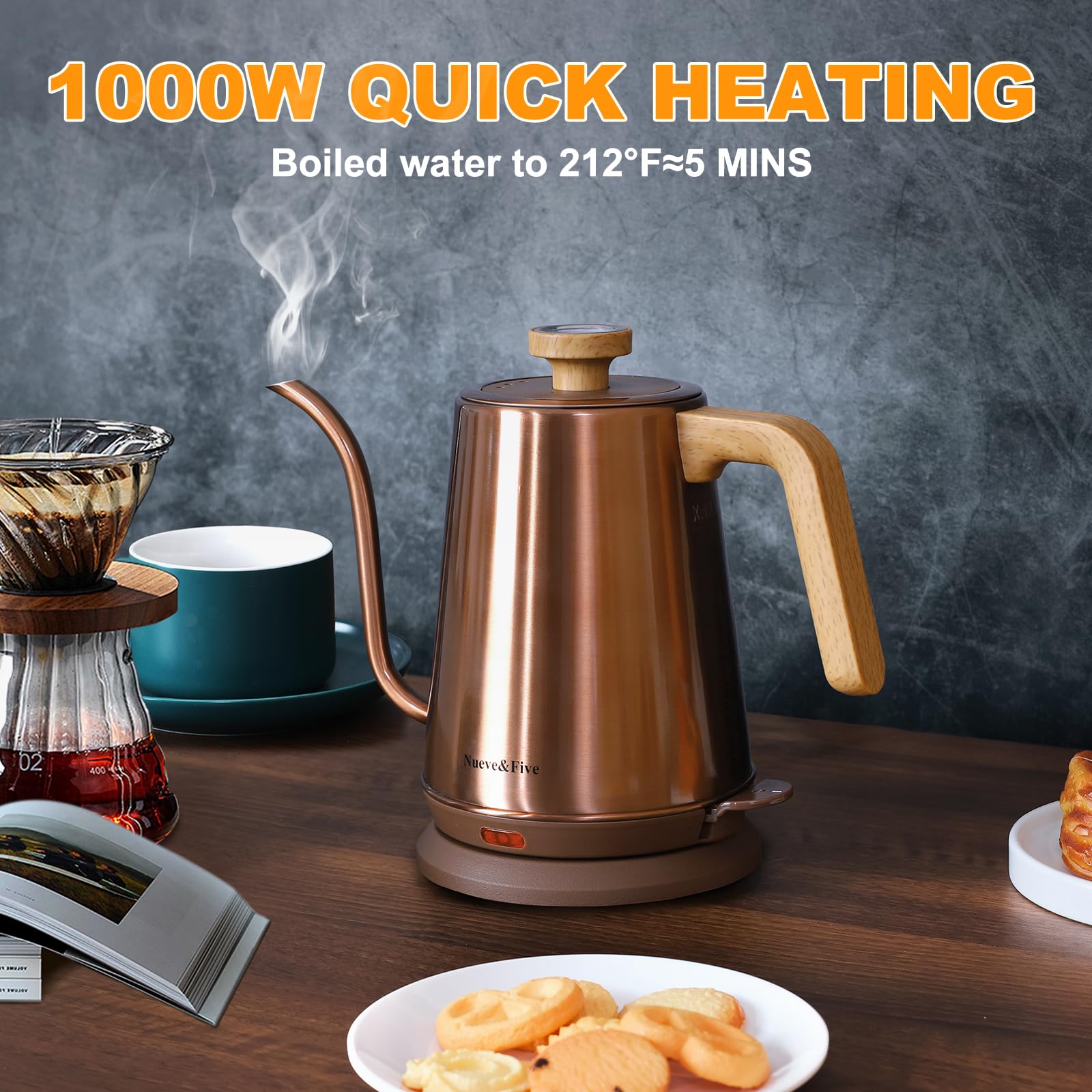 Nueve&Five Gooseneck Electric Kettle with Thermometer， Black Electric Kettle 1L with Auto Shut-Off，1000W Hot Water Kettle of Stainless Steel， Pour Over Kettle for Coffee & Tea