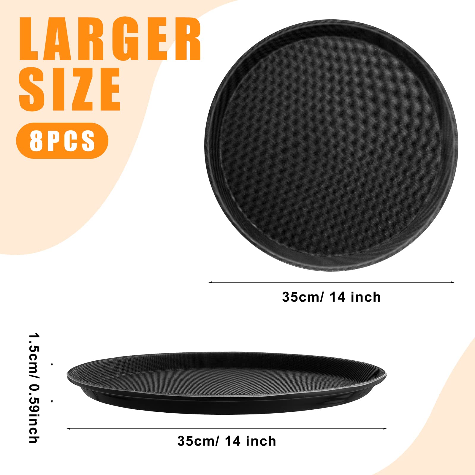 Zopeal 2 Pieces Black Round Restaurant Serving Tray, Plastic Non Slip Surface Food Meals Server Tray with Raised Edges for Home, Kitchen, Restaurant, Cafeteria, Bar (11")