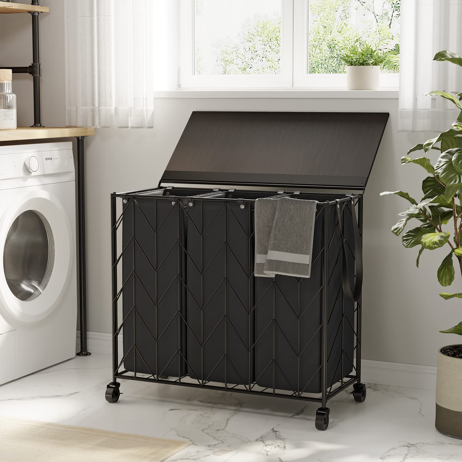 WOWLIVE Laundry Basket with Wheels, Heavy Duty Laundry Hamper with Wood Lid, Clothes Hamper with Divided Removable Liner Bag, Large Capacity Iron-Made Laundry Sorter Laundry Room Organization (Beige)