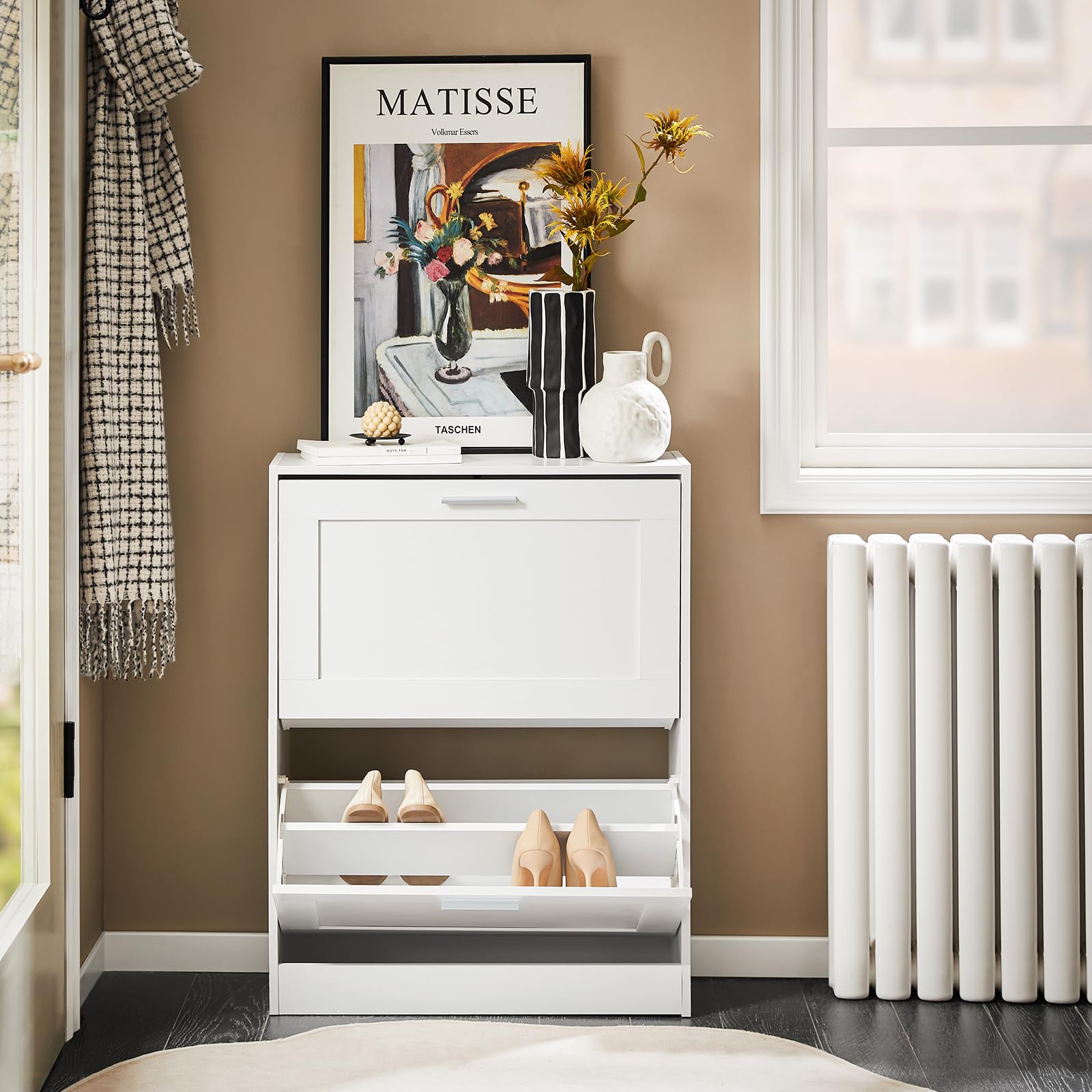 Haotian Shoe Cabinet Storage for Entryway, Narrow Shoe Cabinet with Two Flip Drawers to Save Space, Shoe Rack Cabinet for Front Door Entrance Hallway (Black)