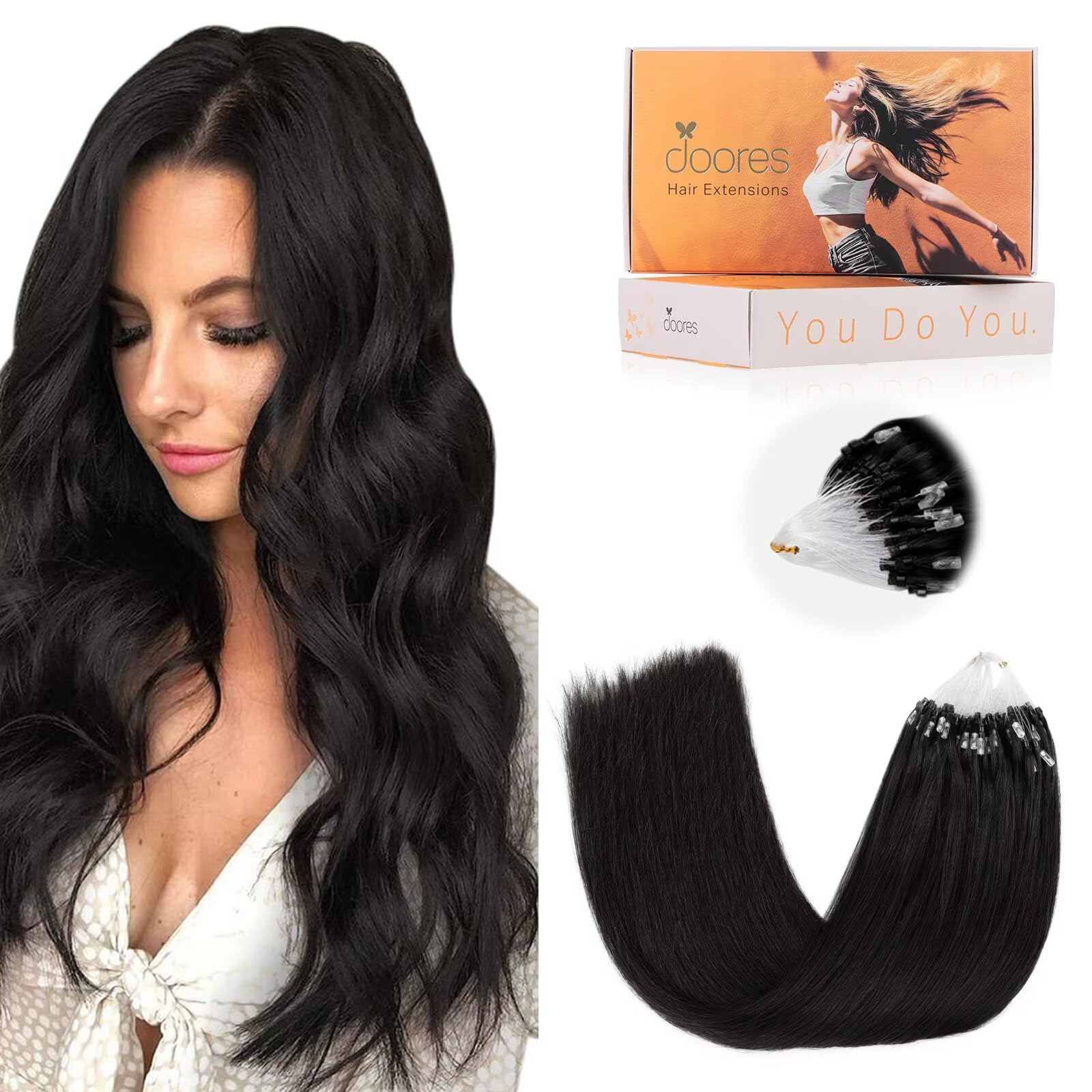 DOORES Blue Hair Extensions, 14 Inch 25g/25s Invisible Soft Micro Link Hair Extensions Silky Virgin