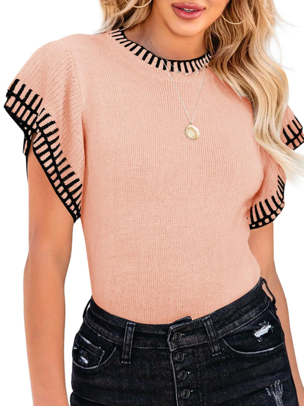 Saodimallsu Womens Short Sleeve Sweaters Tops Summer Ruffle Striped Loose Crew Neck Lightweight Soft Shirts Knit Sweater