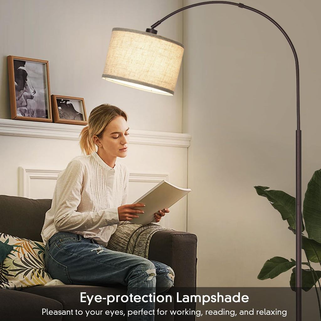 Rattan Floor Lamp, Arc Floor Lamps for Living Room, Farmhouse Standing Lamp with Adjustable Hanging Fabric Shade, Tall Pole Lamp with Foot Switch, Over Couch Arched Reading Light for Bedroom, Office