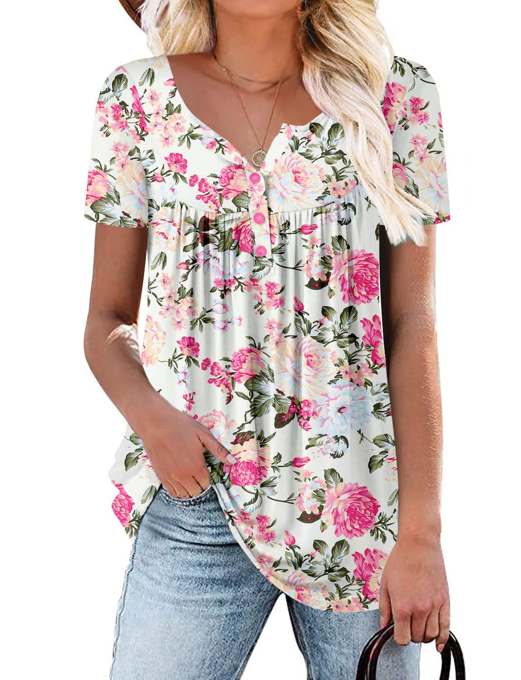 Mystry Zone Womens Henley V Neck Casual Blouse Button Down T Shirts Flare and Flowy Tops