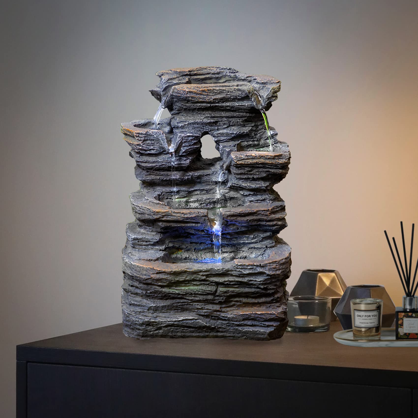 Ferrisland Tabletop Water Fountain, Zen Meditation Indoor Waterfall Fountain, Heart Shape Decoration with LED Light for Home Office Bedroom Relaxation Decor, Gift Ideas
