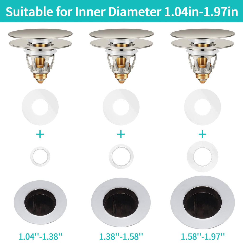 Universal Bathroom Sink Stopper with Hair Catcher, for 1.04-1.97 Inch Drain Hole, Spring Core Bathtub Drain Cover, Pop Up Sink Plug Basin Drain Strainer, Large Lid Black