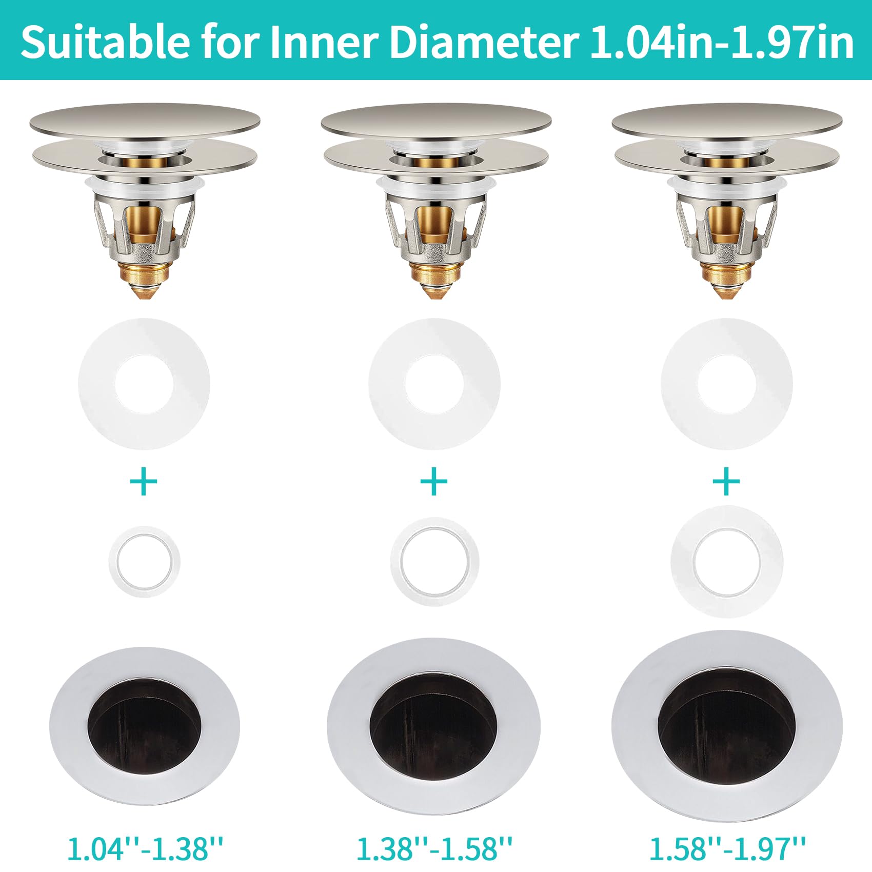 Universal Bathroom Sink Stopper with Hair Catcher, for 1.04-1.97 Inch Drain Hole, Spring Core Bathtub Drain Cover, Pop Up Sink Plug Basin Drain Strainer, Large Lid Black