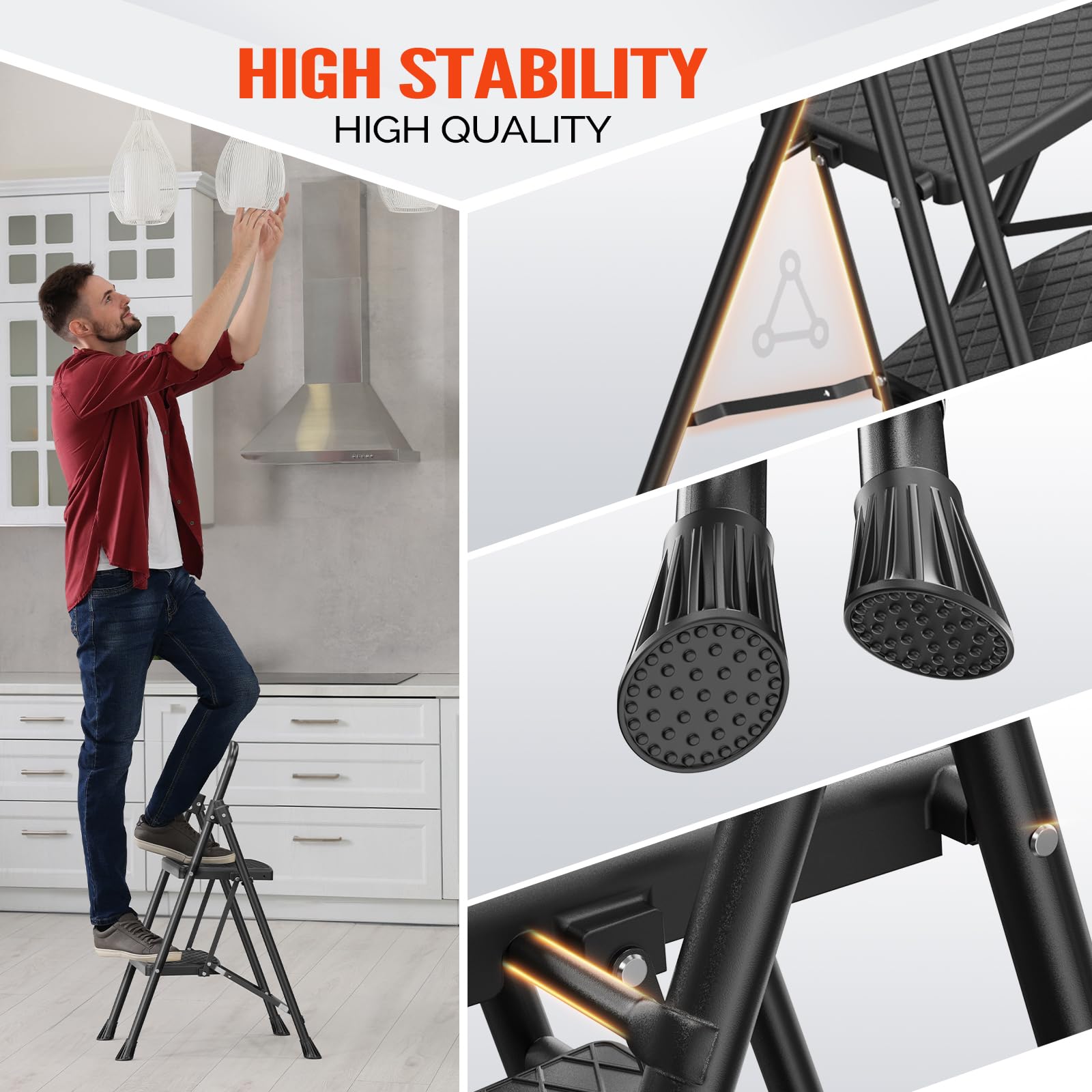 LUISLADDERS 3 Step Ladder with Handrails, Folding Step Stool with Widened Anti-Slip Pedal, 500lbs Lightweight Step Ladder 3 Step Folding, Multi-use for Home Kitchen Pantry Office, Black