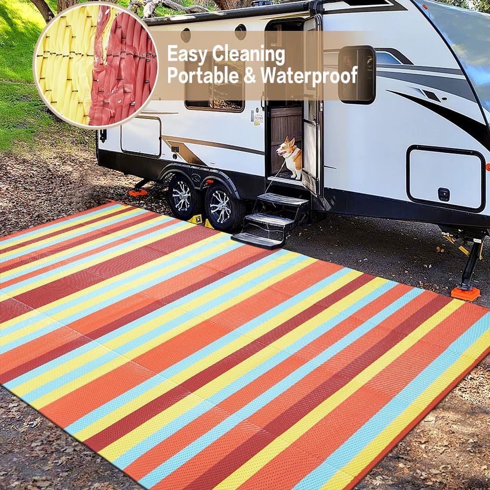 HUGEAR Outdoor Patio Rug 3'x5' Waterproof Outside Area Rugs Blue Reversible Plastic Straw Carpet for RV Deck Camping Entryance Porch Picnic Balcony Beach