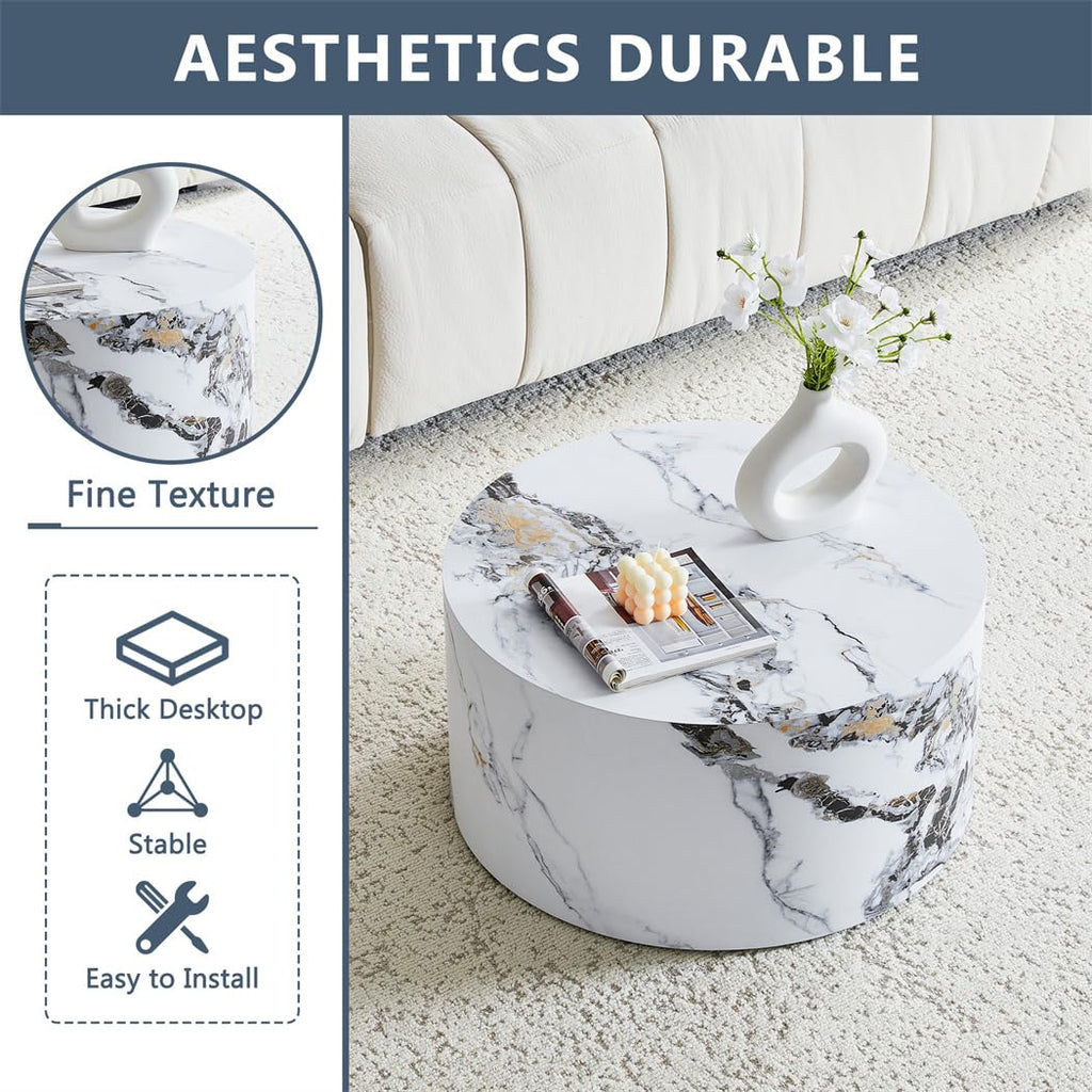 Round Coffee Table, 23.6" Modern Grey Faux Marble Drum Coffee Table, Round Accent Center Table for Living Room Apartment Small Spaces, No Assembly Required