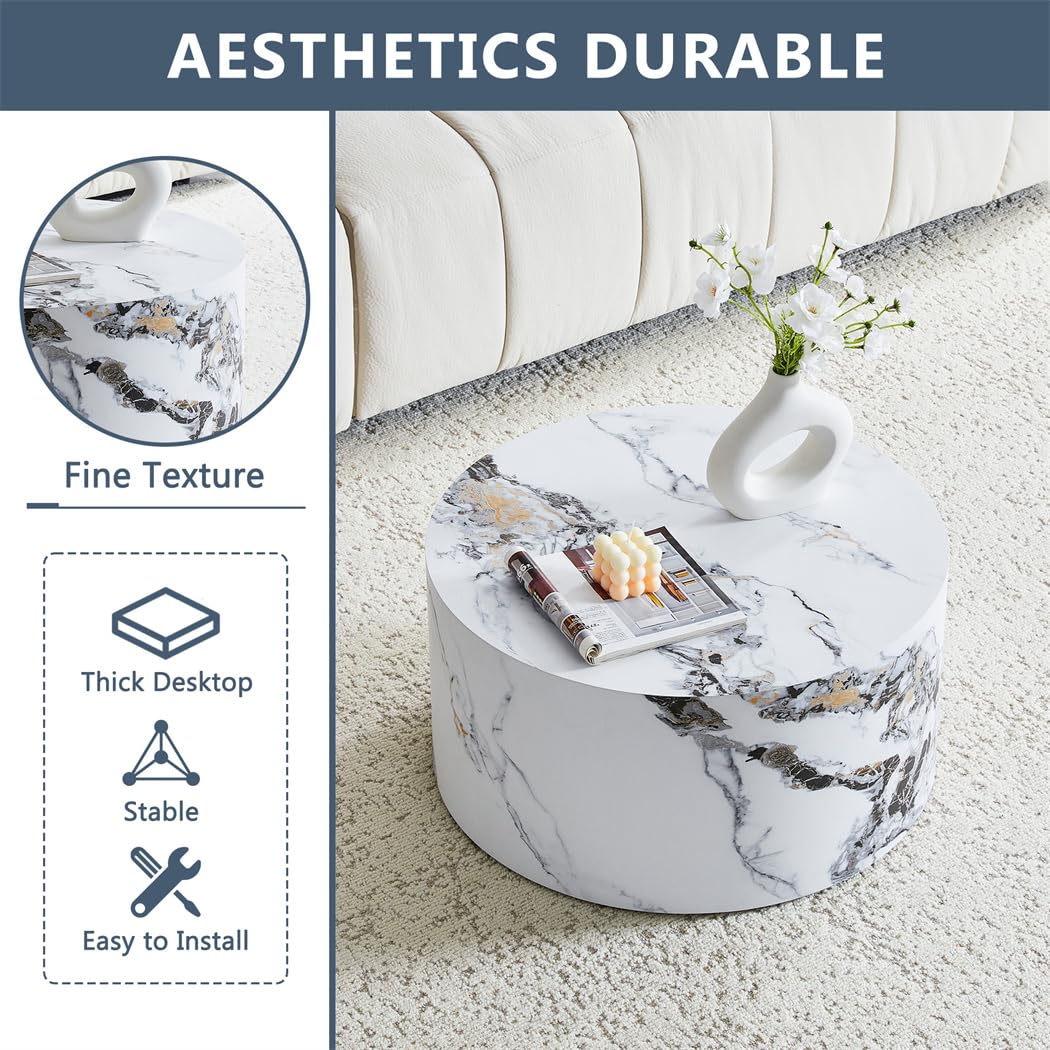 Round Coffee Table, 23.6" Modern Grey Faux Marble Drum Coffee Table, Round Accent Center Table for Living Room Apartment Small Spaces, No Assembly Required