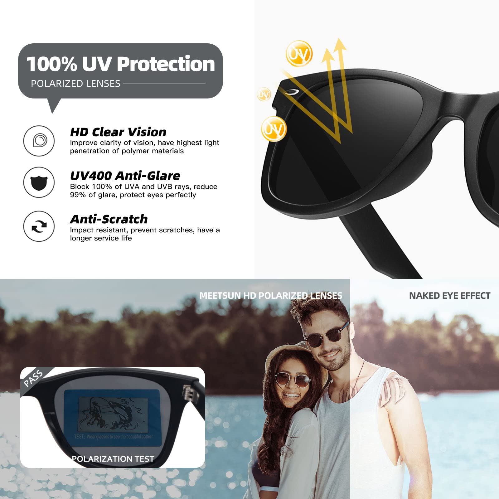 MEETSUN Retro Polarized Sunglasses for Women Men Classic Mirror Lens Driving Trendy Sun Glasses UV Protection (3 Pack)