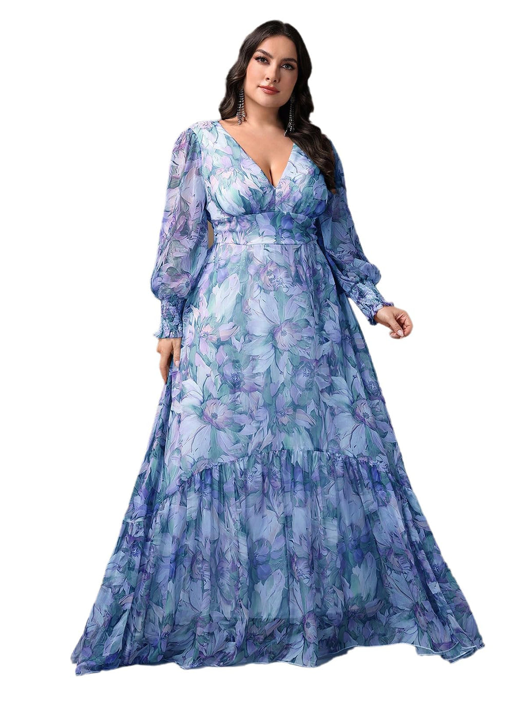 Spring Summer 2024 Plus Size Womens Dresses V Neck Casual Elegant Long Sleeve Floral Print Maxi Dress