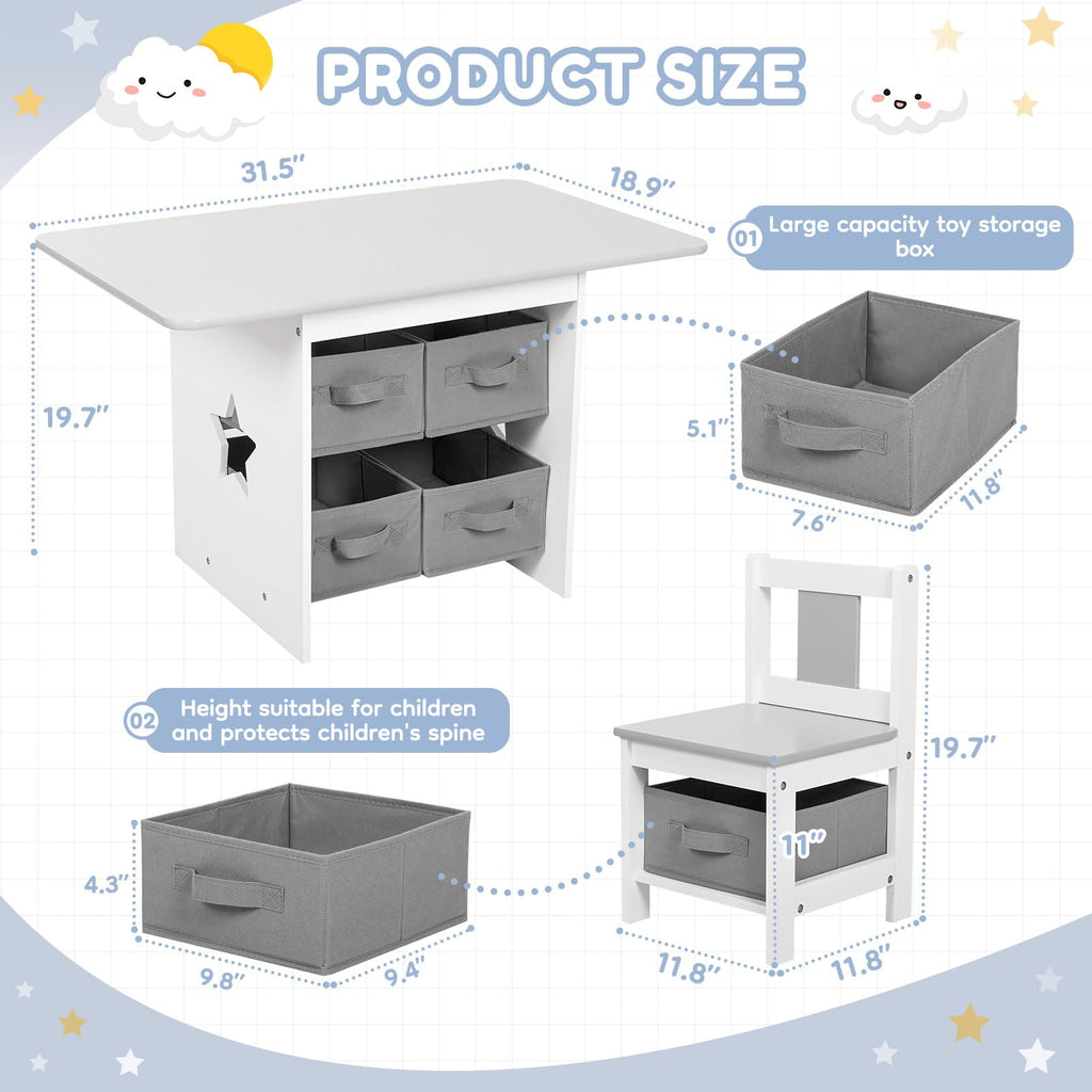 Kids Table and Chair Set (2 Chairs Included), Wooden Toddler Desk Group with 6 Storage Bins Boxes, Children's Furniture, Water Resistant (Gray)