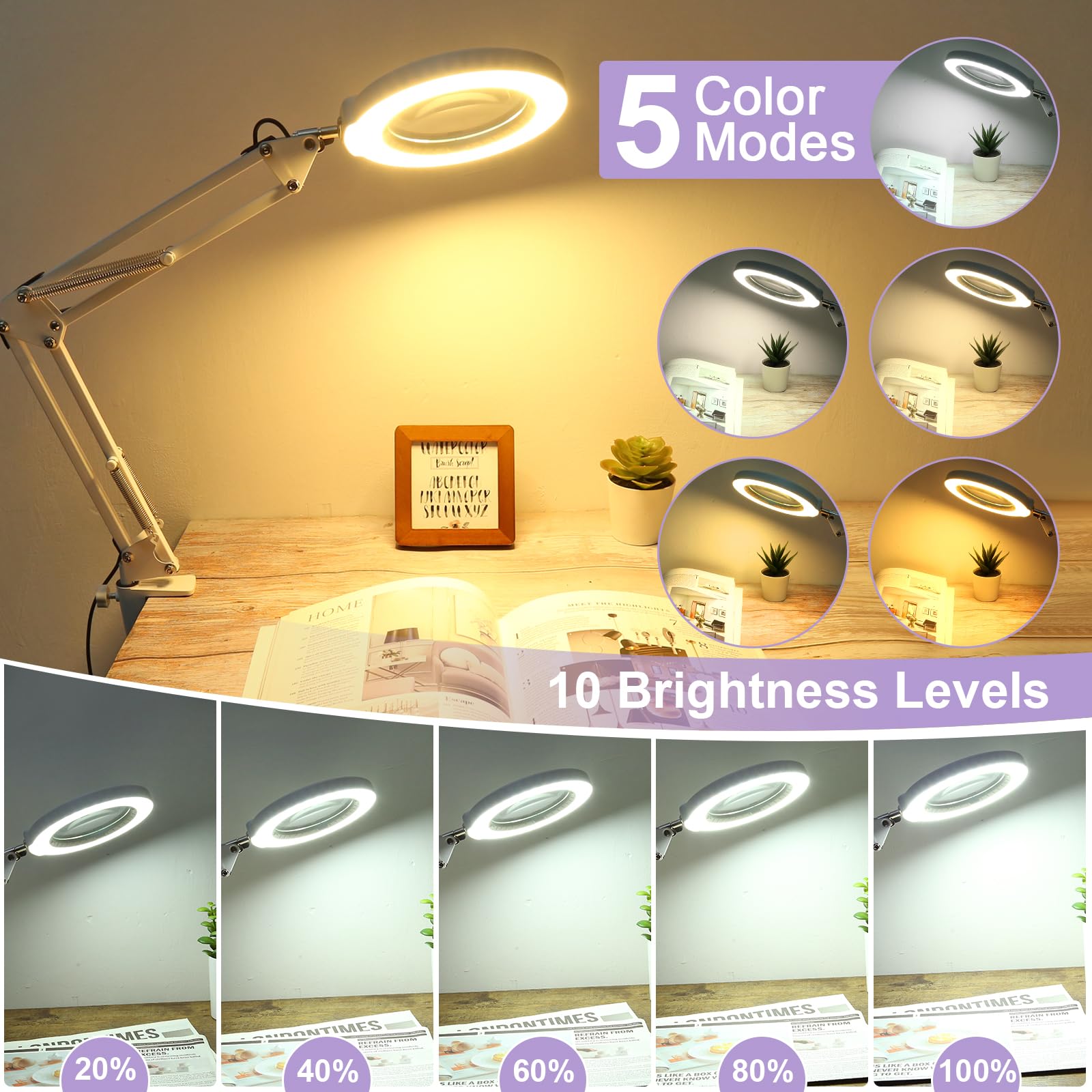 12X Magnifying Glass with Light and Stand, Real Glass, 5 Color Modes, Brightness Stepless Dimmable Lighted Magnifier Hands Free, 2-in-1 Desk Lamp & Clamp Light, Magnifier Lamp for Close Work, Reading