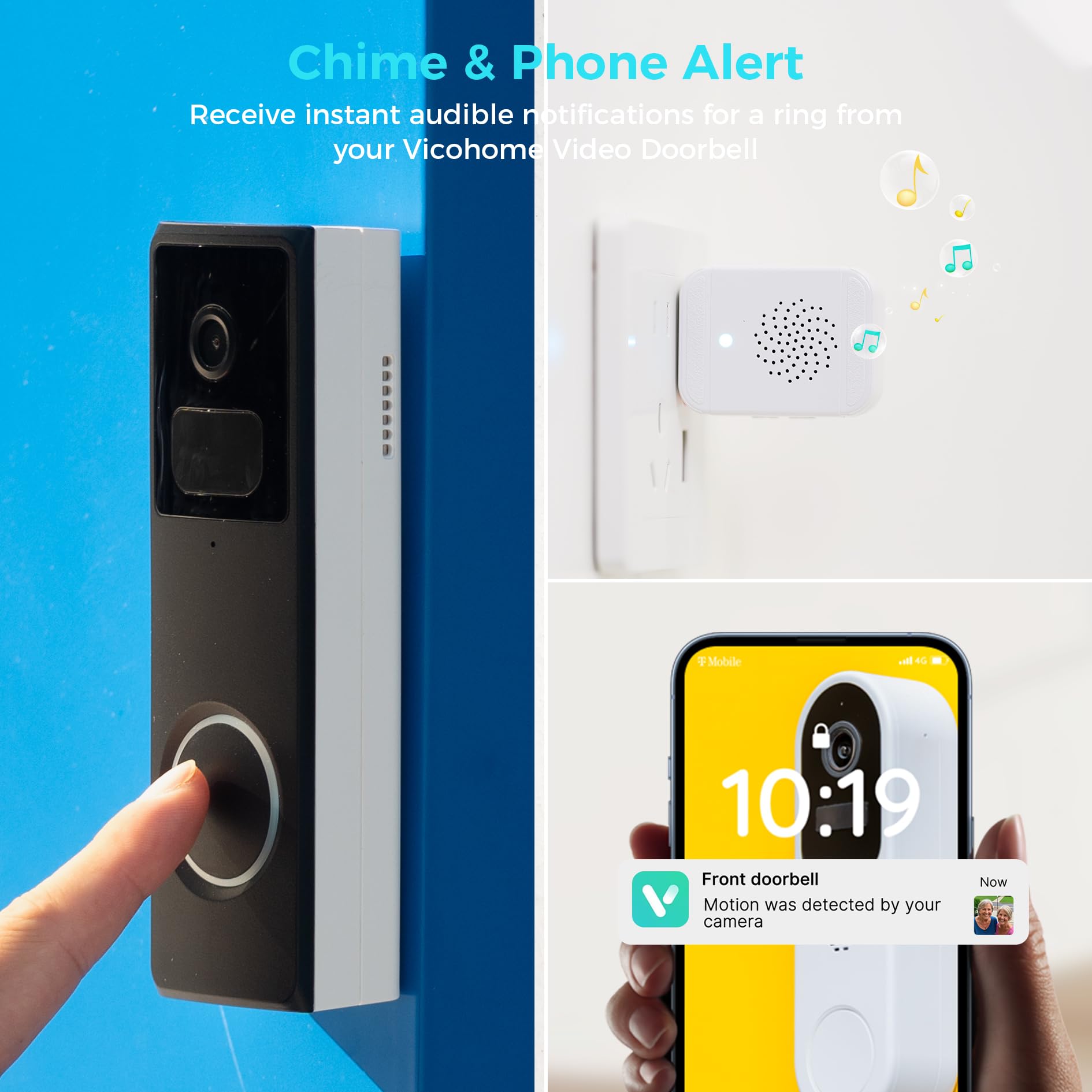SOVMIKU Vicohome DB3 2K Smart Video Doorbell with Chime, Home Security Battery Camera Wireless, Audible Alarm, Easy to Setup, Human Detection,Two Way Audio, 2.4GHz Wi-Fi, No SD Slot