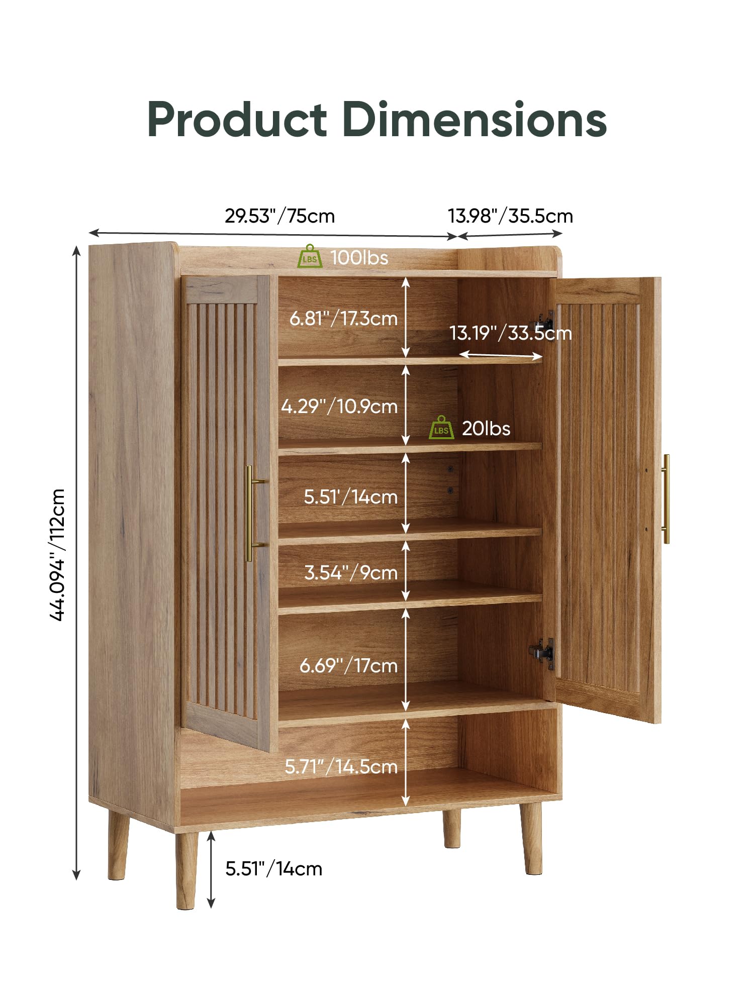 Smart FENDEE Shoe Cabinet with 2 Flip Slatted Drawers, Farmhouse Slim Shoe Organizer Rack with Golden Handles, Freestanding Hidden Entryway Storage for Hallway, Natural