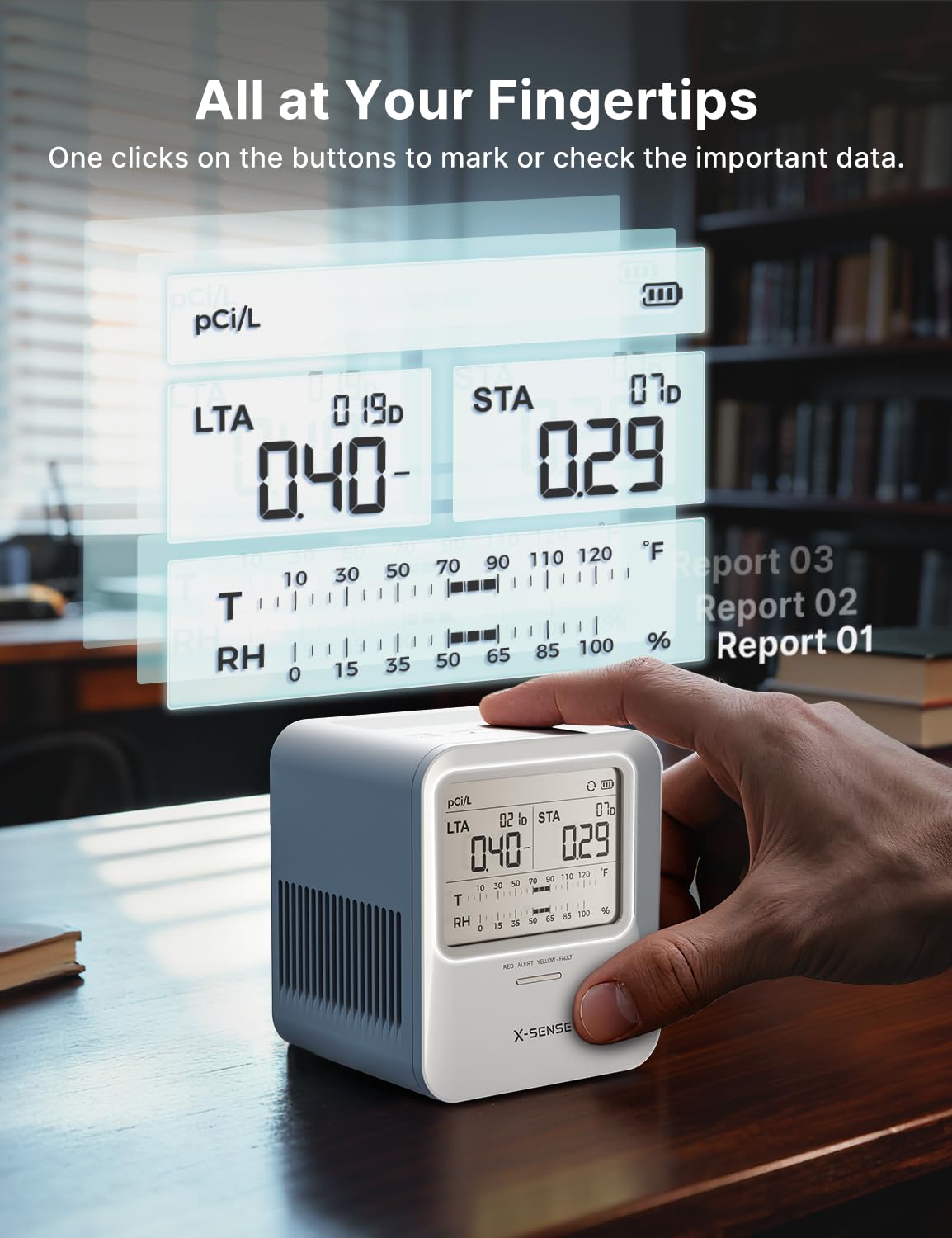 X-Sense Radon Detector, Audible & Visual Alert, One-Touch Reset, Stores up to 99 Local Reports, Temperature and Humidity Range Display, Long-Term Accurate Monitoring for up to 999 Days, Model XR0B-SR