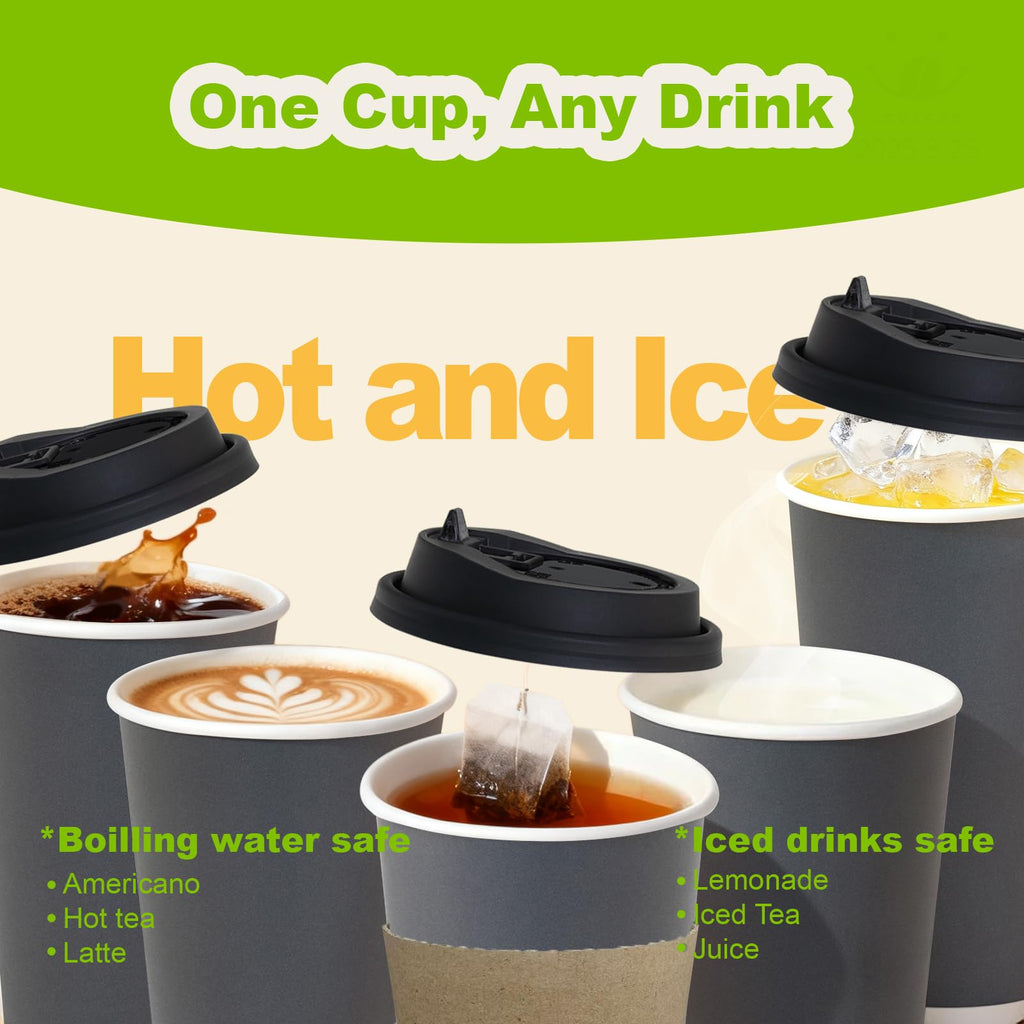 16 oz 100 Pack Corrugated Ripple Wall Disposable Coffee Cups with Lids and Straws, Heavy Duty Insulated Cups for Hot Beverage or Cold Drinks, Bulk for Restaurants, Offices, Coffee Shops(Black)