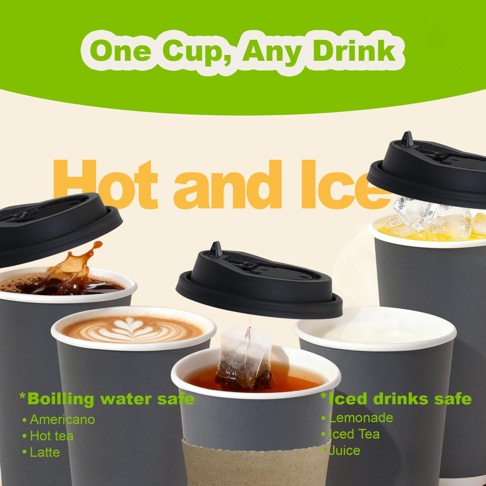 16 oz 100 Pack Corrugated Ripple Wall Disposable Coffee Cups with Lids and Straws, Heavy Duty Insulated Cups for Hot Beverage or Cold Drinks, Bulk for Restaurants, Offices, Coffee Shops(Black)