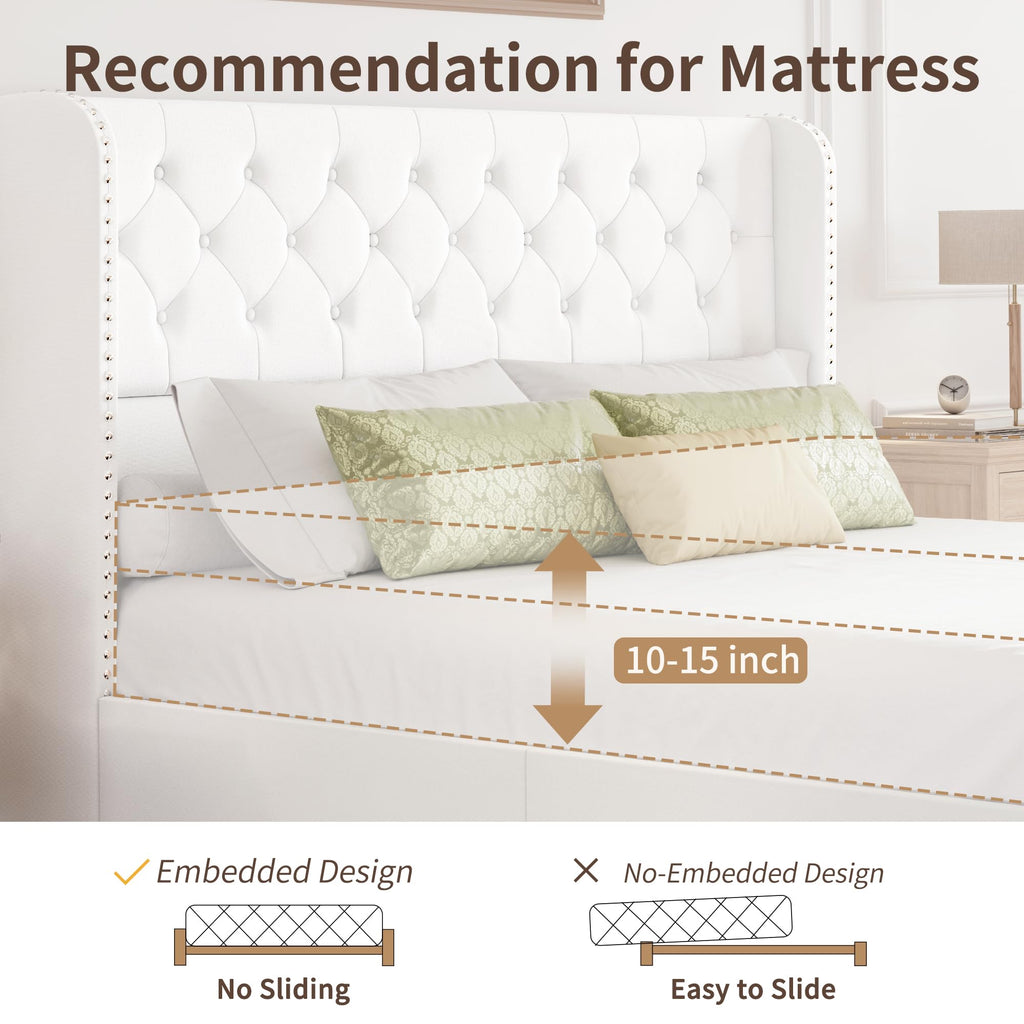 BRELTAM Full Size Bed Frame with Storage Drawers and Wingback Headboard Linen Upholstered Platform Bed Frame Tufted Beds with Heavy Duty Wood Slats, Noise Free, Easy Assembly, Beige