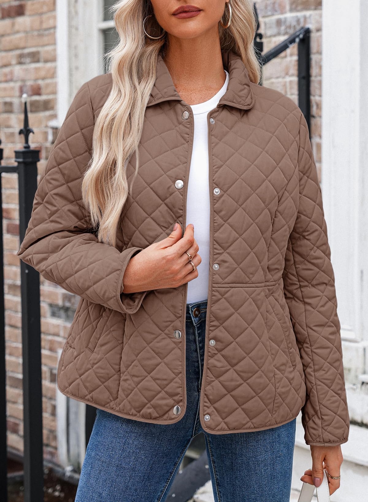 Dokotoo Women's Winter Quilted Jackets Long Sleeve Button Down Diamond Puffer Jacket Outerwear Coats with Pockets
