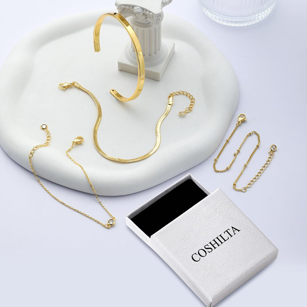Coshilta Gold Bracelets for women 14K Gold Bangle Bracelet Stack - Adjustable Waterproof Trendy Bracelets Gold Filled Stacks Bangles Link Chain Gold Bracelet Non Tarnish for Women Jewelry Gifts
