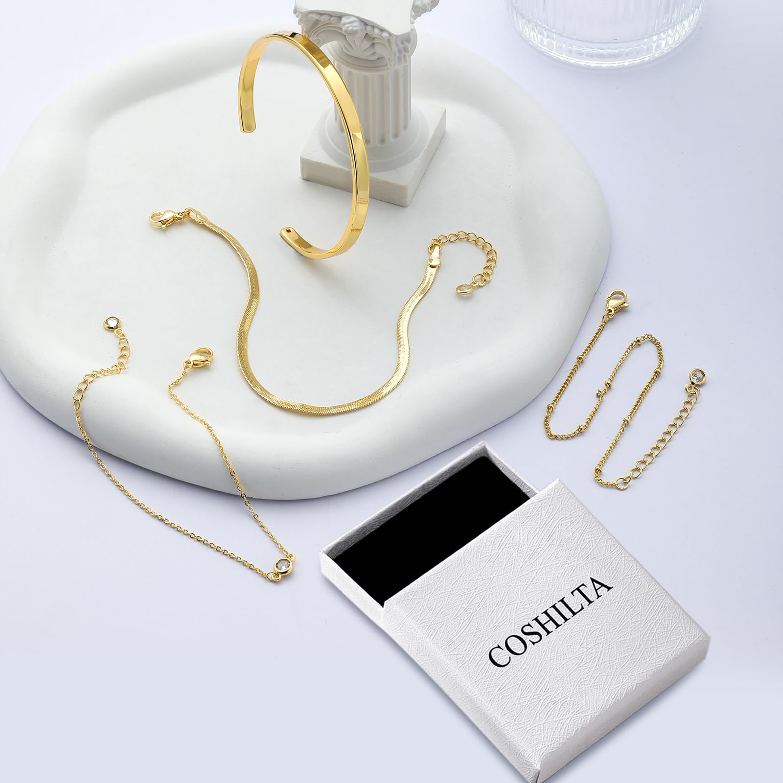Coshilta Gold Bracelets for women 14K Gold Bangle Bracelet Stack - Adjustable Waterproof Trendy Bracelets Gold Filled Stacks Bangles Link Chain Gold Bracelet Non Tarnish for Women Jewelry Gifts