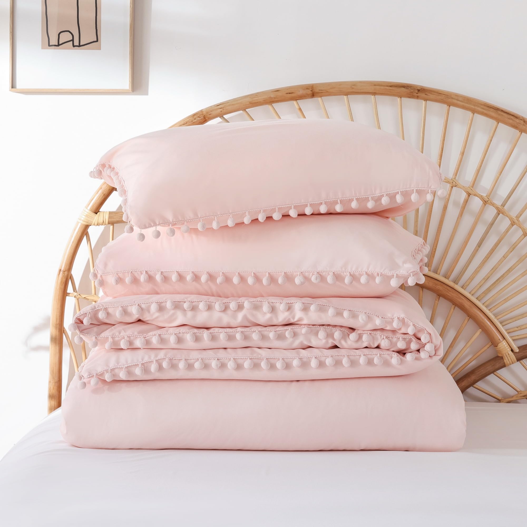 YIRDDEO Twin Comforter Set - Comforter Twin Size Bed with Ball Pom Fringe, Soft Bedding Set for All Seasons - 2 Pieces, 1 Comforter (66"x90") & 1 Pillow Sham(20"x26"), Beige